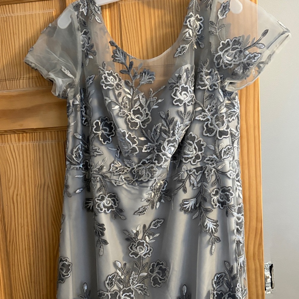 Oleg Cassini Silver Floral Embroidered Dress